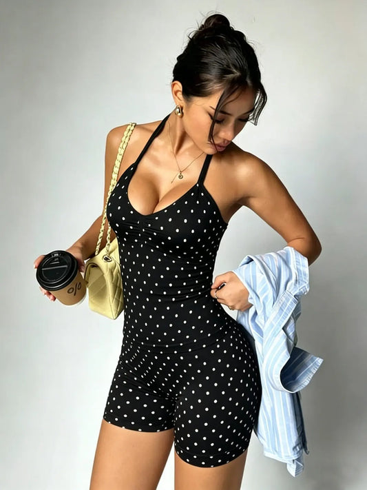 New Women'S Polka Dot Sport Set, Deep V Neck Ruched Halter Top, High Waist Butt Lifting Shorts, Yoga Fitness Running, Stretchy Suit Set, Fitness Outfits