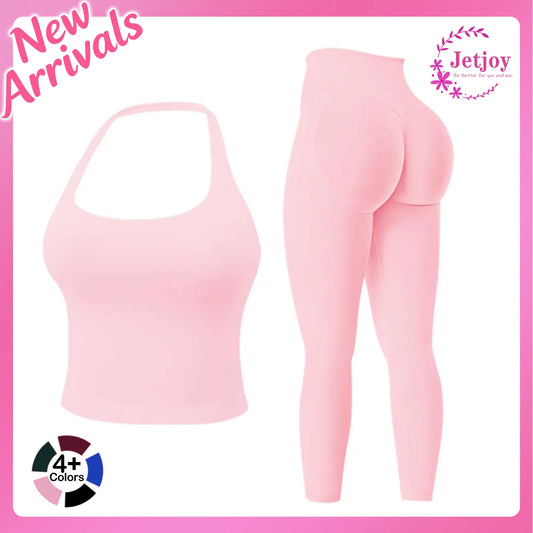 Jetjoy Workout Sets for Women 2 Piece, Padded Backless Sports Bras Halter Top Hidden Scrunch Leggings Sets Gym Yoga Work Out Clothes, Matching Mid Waist Leggings Sets Athleisure Fitness & Casual Wear Yoga Outfits Gym Tracksuit Summeroutfit Swimweek