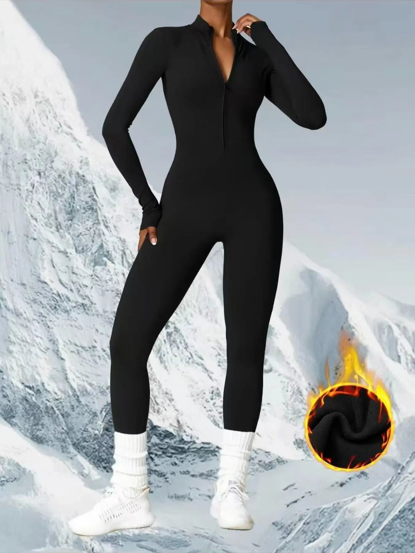 Women'S Solid Zip up Skiing Jumpsuit, Casual Sporty Long Sleeve Thermal Quick-Dry Jumpsuit for Skiing Cycling, Ladies Sportswear for Fall & Winter, Yoga Gym Workout Running Wear, 3D Structural Seam Design, Sports Clothes