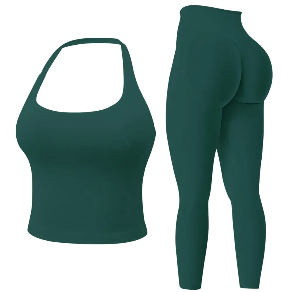 Jetjoy Workout Sets for Women 2 Piece, Padded Backless Sports Bras Halter Top Hidden Scrunch Leggings Sets Gym Yoga Work Out Clothes, Matching Mid Waist Leggings Sets Athleisure Fitness & Casual Wear Yoga Outfits Gym Tracksuit Summeroutfit Swimweek