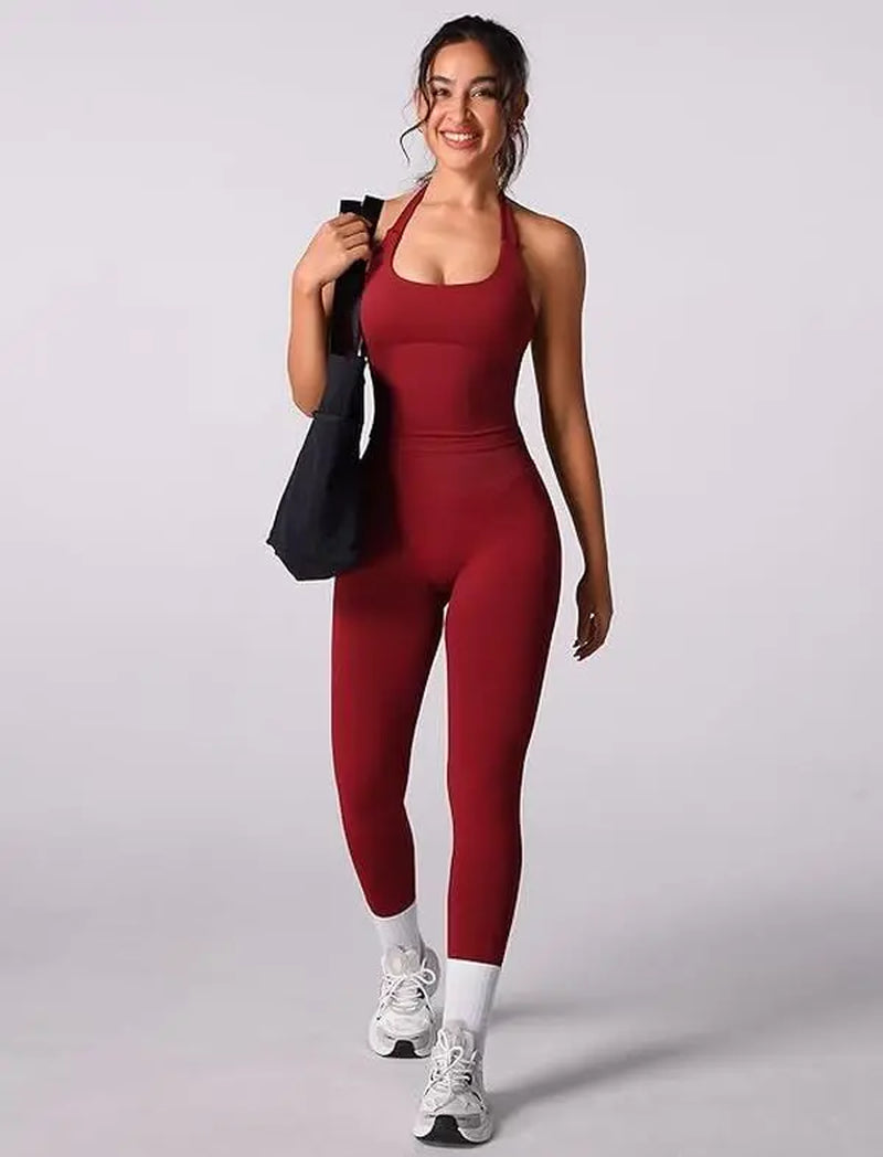 Jetjoy Workout Sets for Women 2 Piece, Padded Backless Sports Bras Halter Top Hidden Scrunch Leggings Sets Gym Yoga Work Out Clothes, Matching Mid Waist Leggings Sets Athleisure Fitness & Casual Wear Yoga Outfits Gym Tracksuit Summeroutfit Swimweek