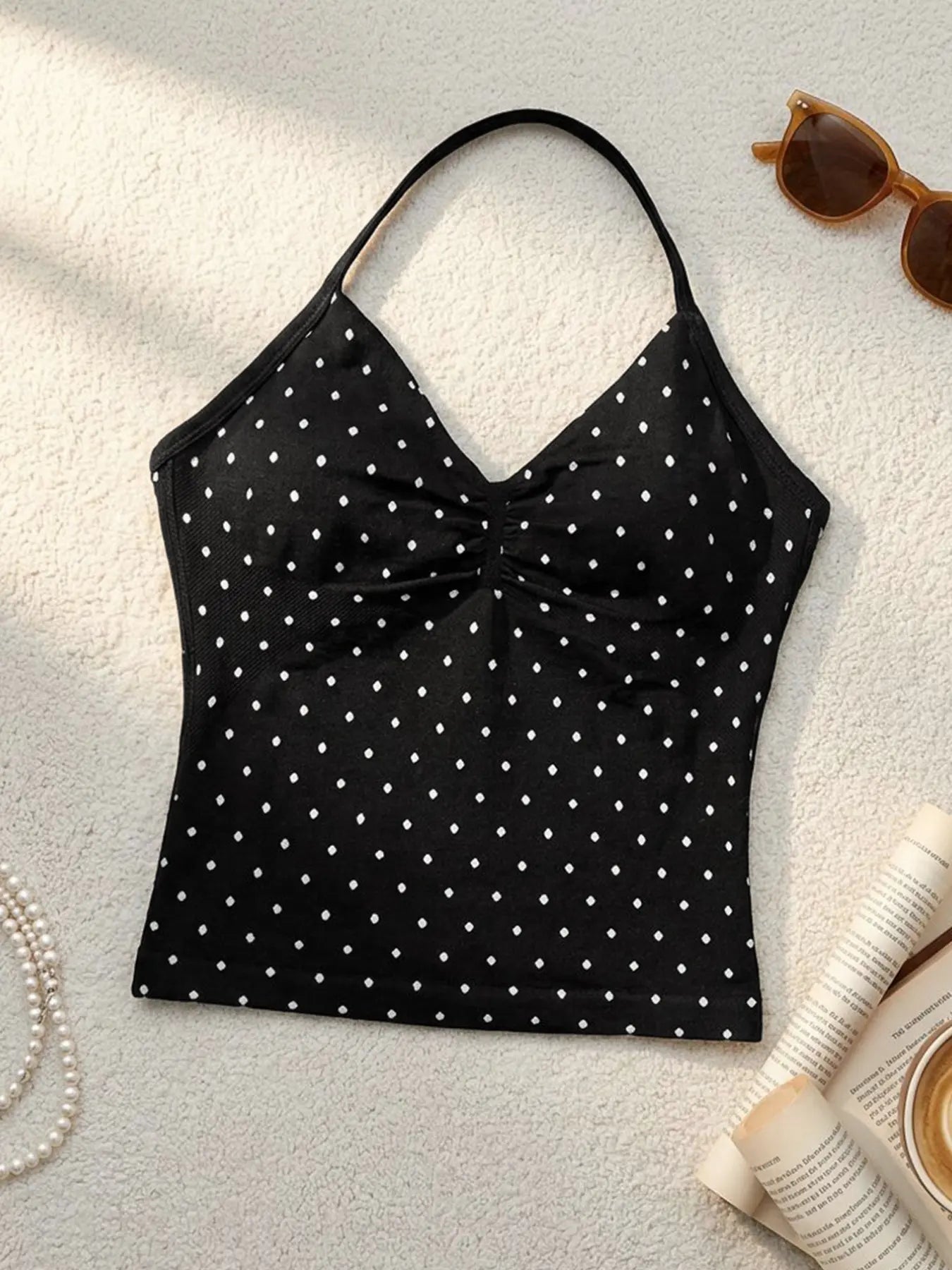 New Women'S Polka Dot Sport Set, Deep V Neck Ruched Halter Top, High Waist Butt Lifting Shorts, Yoga Fitness Running, Stretchy Suit Set, Fitness Outfits